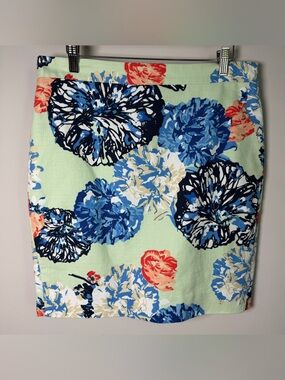 J.Crew Pencil Skirt Size 10P Petite Floral Cotton Mint Green Navy Coral Lined